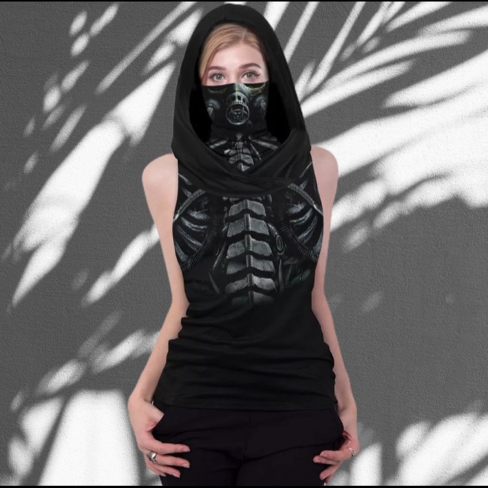 M Black goth sleeveless tank hoodie face mask top - Picture 7 of 9
